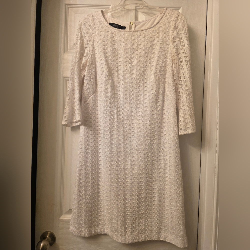 Nine West White Textured Long Sleeve Dress